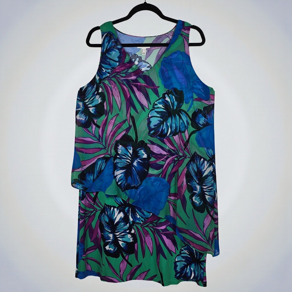Susan Graver Tunic Dress Women Medium Tropical Floral Print Sleeveless Layered